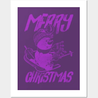 Skiing Snowman - Merry Christmas - Purple Posters and Art